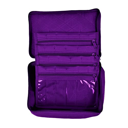 a purple purple suitcase is sitting on a bench 