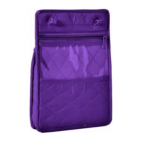 a purple piece of purple luggage sitting on top of a table 