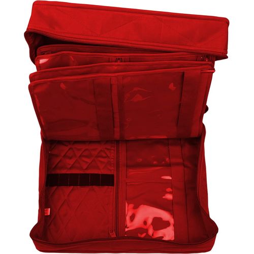 a close up of a red piece of luggage 