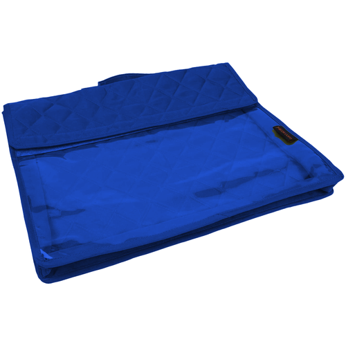 a blue bed with a blue blanket on top of it 
